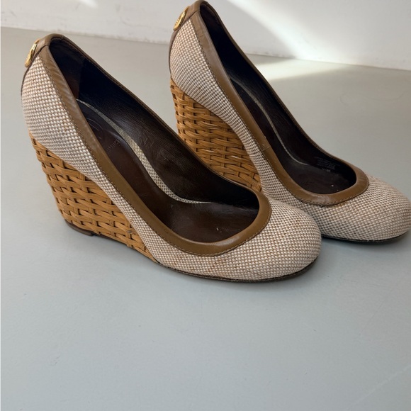 Tory Burch Shoes - Tory Burch Brown and Cream Woven Wedges